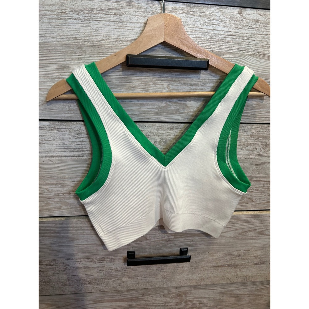 Offline by Aerie White Green Ribbed V-Neck Sports Bra Crop Top Large - Picture 4 of 5